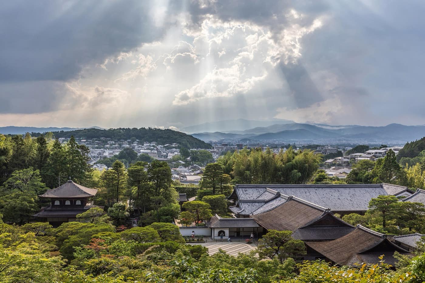Kyoto — Sunlight through clouds and view of Ginkaku-ji Temple from above, Kyoto, Japan