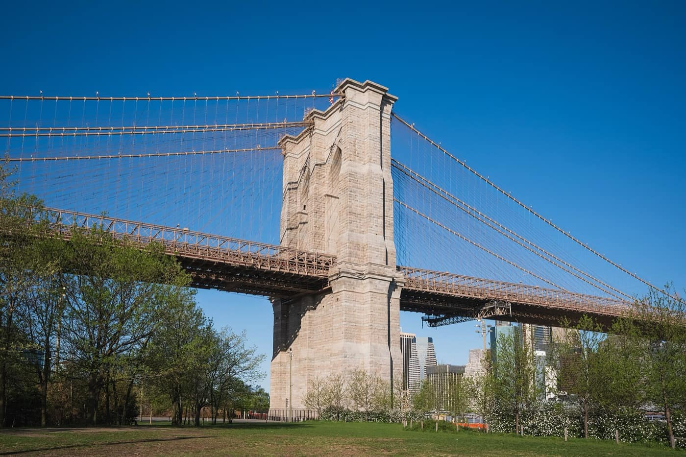 New York — Brooklyn-side tower of the Brooklyn Bridge from Brooklyn Bridge Park, New York City