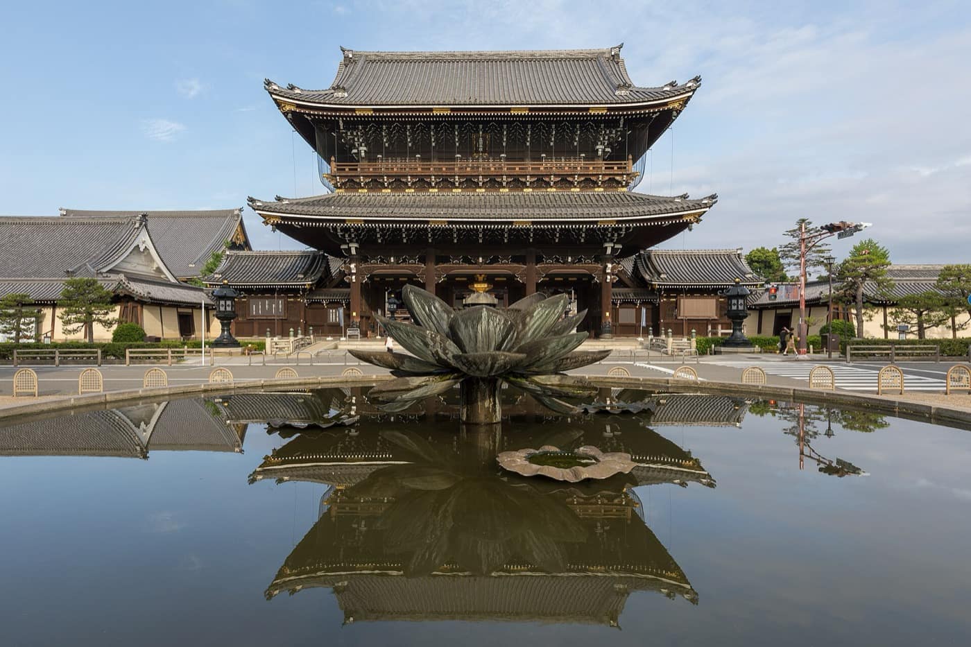 Kyoto — Founder's Hall gate of Higashi-Honganji Temple, with water reflection, Kyoto, Japan